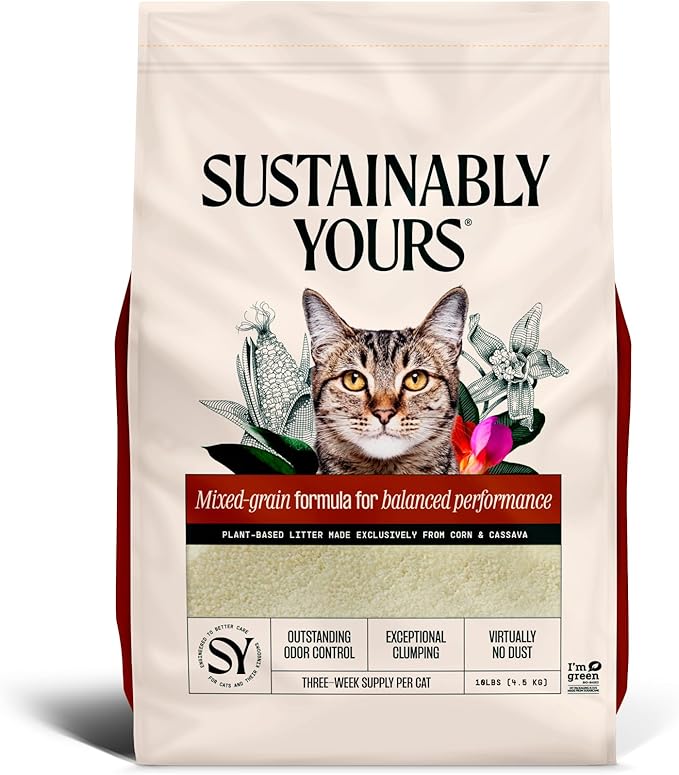Sustainably Yours Natural Cat Litter, Mixed-Grain Formula, Exceptional Clumping & Odor Control, Virtually No Dust, Easy to Scoop, Corn & Cassava Plant-Based, Unscented, 10 lbs