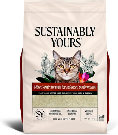 Sustainably Yours Natural Cat Litter, Mixed-Grain Formula, Exceptional Clumping & Odor Control, Virtually No Dust, Easy to Scoop, Corn & Cassava Plant-Based, Unscented, 10 lbs