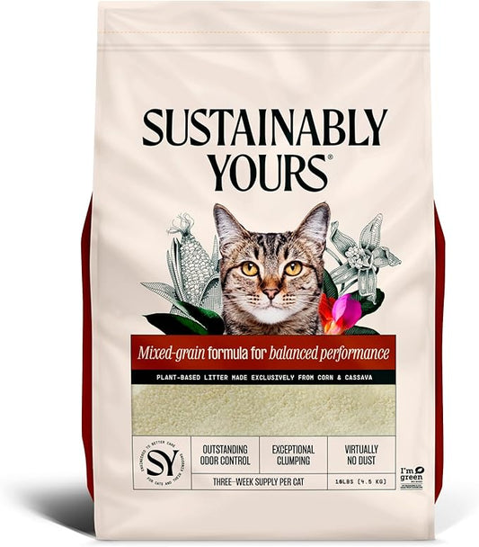 Sustainably Yours Natural Cat Litter, Mixed-Grain Formula, Exceptional Clumping & Odor Control, Virtually No Dust, Easy to Scoop, Corn & Cassava Plant-Based, Unscented, 10 lbs