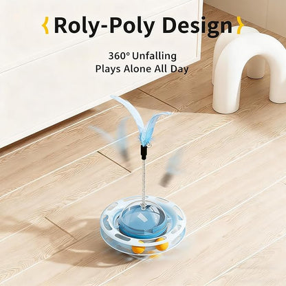 Cat Toy for Indoor Cats, 4-in-1 Interactive Pet Plaything, Blue Cat Ball Track with Treat Dispenser, Feather Teaser, Self-Play Tumbler Toy