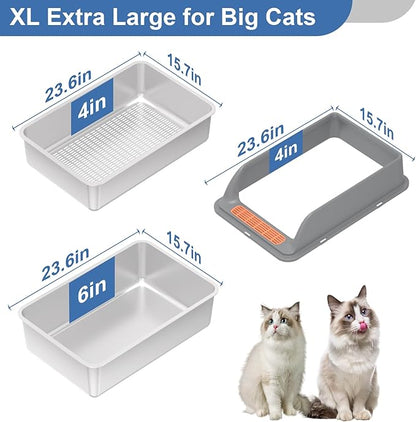 Stainless Steel Sifting Litter Box with Lid, XL Extra Large Sifting Cat Litter Box for Pine Pellets & Big Cats,Metal Pellet Sifter Litter Pan System for Odor Control,Sifting Box Liners & Scoop