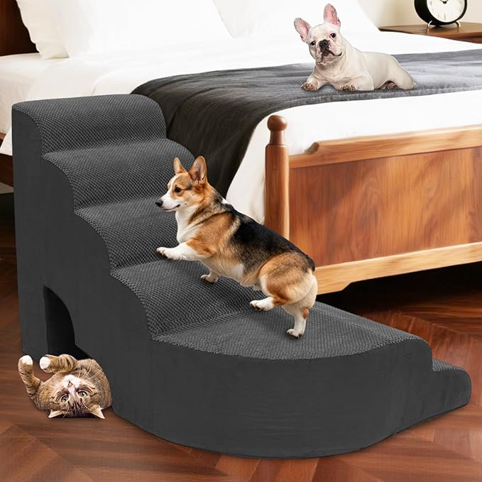 6 Tier Dog Stairs/Steps for High Bed, 27.5”H Non-Slip Pet Stairs Adjust to Left Side of Bed, Pet Steps for Small Dogs, Old Pets, and Injured Dogs, Dark Gray