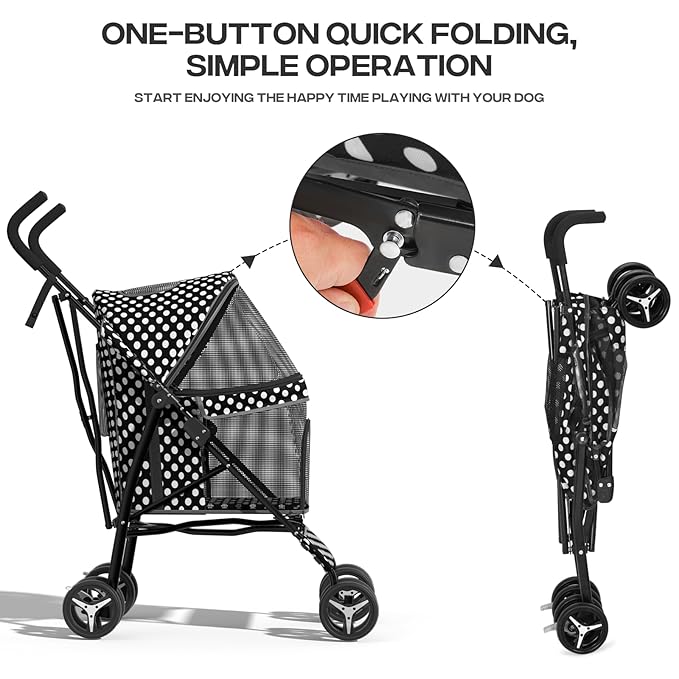 Pet Stroller for Small Dogs & Cats, 10-22lbs, Rear Storage, Black