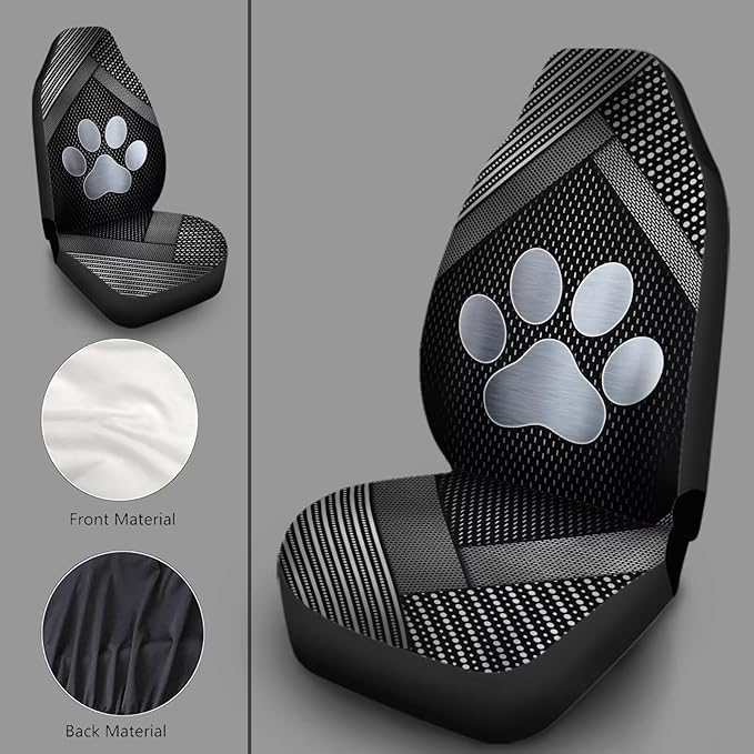 Silver Metal Dog Paw Print Car Front Seat Covers Full Set of 2, Waterproof Stretchy Automotive Interior Accessories Universal Fit Most Vehicles