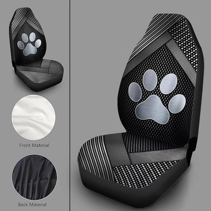 Silver Metal Dog Paw Print Car Front Seat Covers Full Set of 2, Waterproof Stretchy Automotive Interior Accessories Universal Fit Most Vehicles