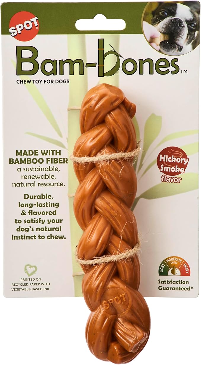 SPOT Bam-Bones Braided Stick - Made with Strong Bamboo Fiber, Durable Long Lasting Dog Chew Toy for Light to Moderate Chewers, for Dogs & Teething Puppies Under 40lbs, 7.25in, Hickory Smoke Flavor