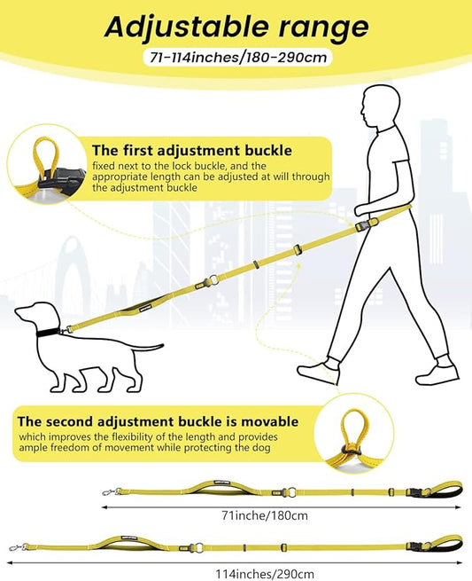 Hands Free Dog Leash & Car Seatbelt, 5.9-9.5ft Crossbody Dog Belt with Dual Soft Handles, Shock-Absorbing, 360° Clip, Reflective Design for Walking, Running, Hiking, Travel.(Yellow)