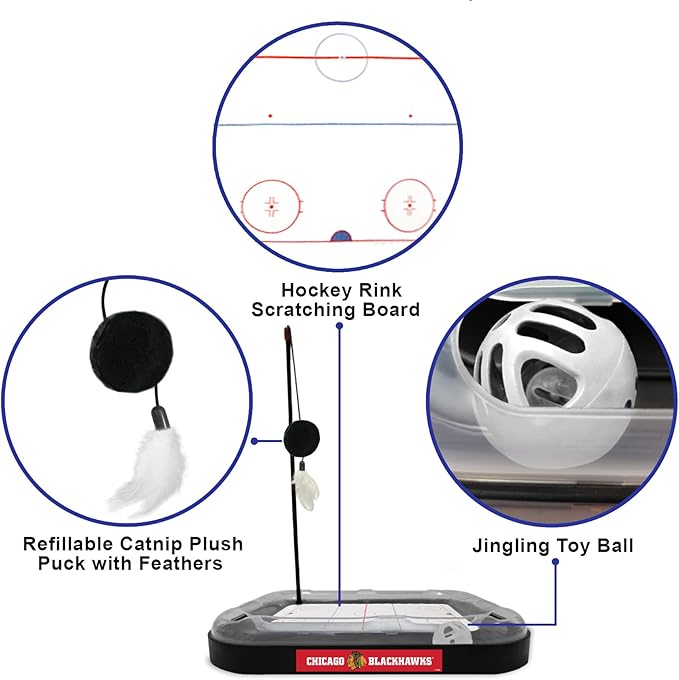 Pets First 5-in-1 NHL Chicago Blackhawks Hockey Field Cat Scratcher Toy with Interactive Cat Ball Bell in Tracks