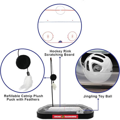 Pets First 5-in-1 NHL Chicago Blackhawks Hockey Field Cat Scratcher Toy with Interactive Cat Ball Bell in Tracks
