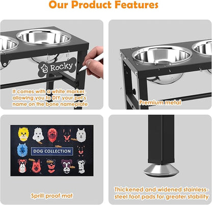 3-in-1 Elevated Dog Feeder with 3 Stainless Steel Bowls, Heavy Iron Stand, Custom Name Plate, Non-Slip Mat - Easy Clean for Multiple Dogs