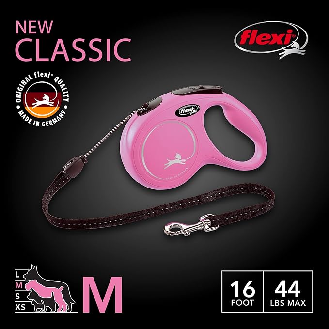 Flexi New Classic Retractable Dog Leash (Cord), 16 ft, Medium, Pink
