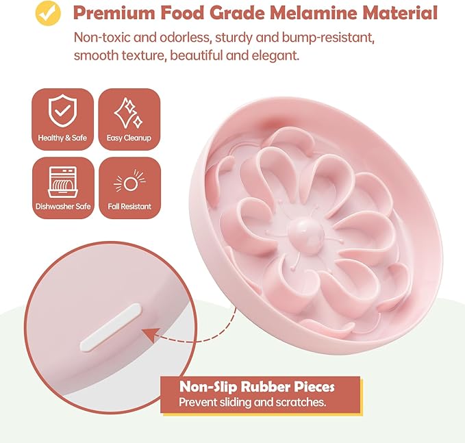 Slow-Food Cat Bowl - Made of Melamine, Suitable for Both Dry and Wet Food - Cute Flower Maze Pattern, Promotes Healthy Feeding and Helps Protect Whiskers - Dishwasher Safe - 6.3 in Wide x 1.1 in high
