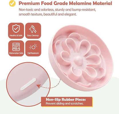 Slow-Food Cat Bowl - Made of Melamine, Suitable for Both Dry and Wet Food - Cute Flower Maze Pattern, Promotes Healthy Feeding and Helps Protect Whiskers - Dishwasher Safe - 6.3 in Wide x 1.1 in high