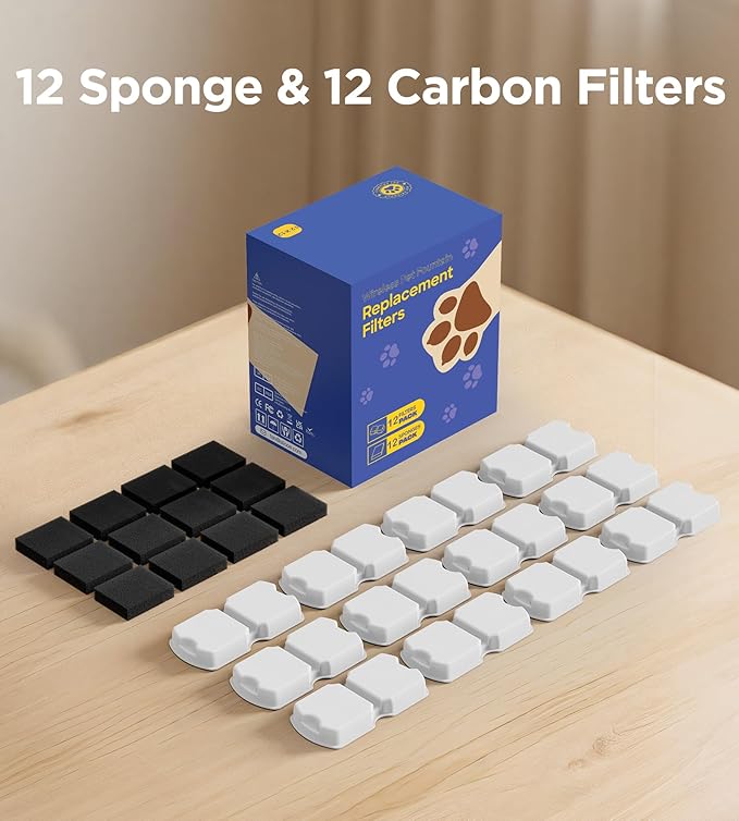Cat Water Fountain Filters: 12Pack Replacement Pet Fountain Filter of 12 Carbon Filters & 12 Sponges - Use for HOOISE 74oz Automatic Pet Fountain Cat Water Dispenser S15/S15-Pro/S15-Plus