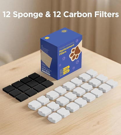 Cat Water Fountain Filters: 12Pack Replacement Pet Fountain Filter of 12 Carbon Filters & 12 Sponges - Use for HOOISE 74oz Automatic Pet Fountain Cat Water Dispenser S15/S15-Pro/S15-Plus