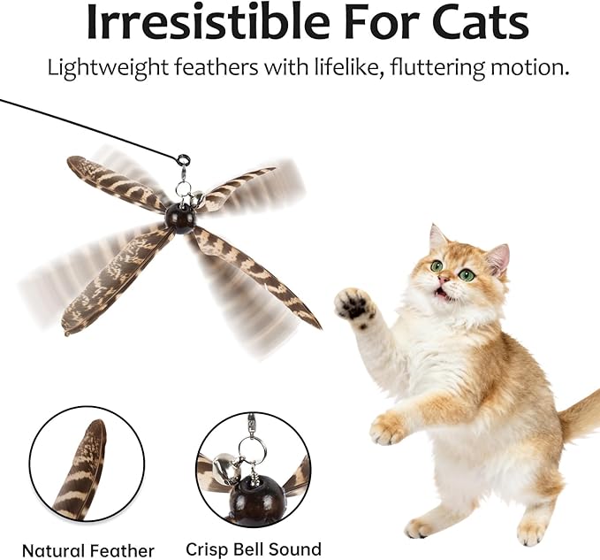 Cat Wand Toys Interactive for Indoor Cats, 4PC 4-Blade Feather Propeller Refills, 1PC Cat Wand (Wild-Style Brown)