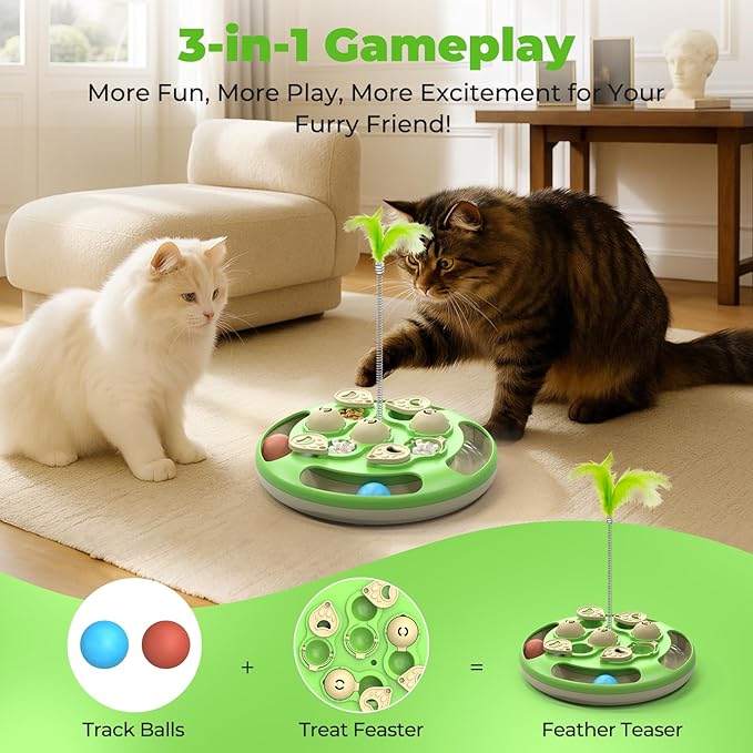 Cat Puzzle Toys Games Level 3 in 1 with Track Balls, Feather Teaser & Treat Feeder | Non-Slip Base | Mental Stimulation Enrichment for Indoor Cats | Kitty Gift, Green