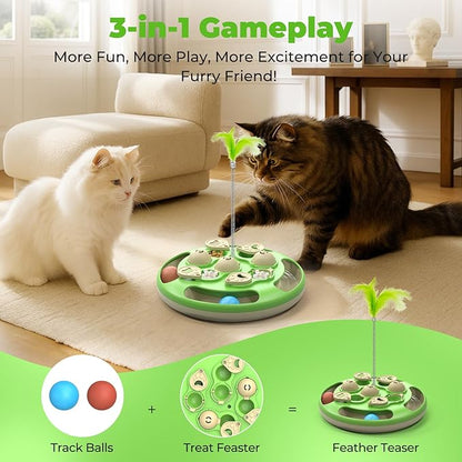 Cat Puzzle Toys Games Level 3 in 1 with Track Balls, Feather Teaser & Treat Feeder | Non-Slip Base | Mental Stimulation Enrichment for Indoor Cats | Kitty Gift, Green