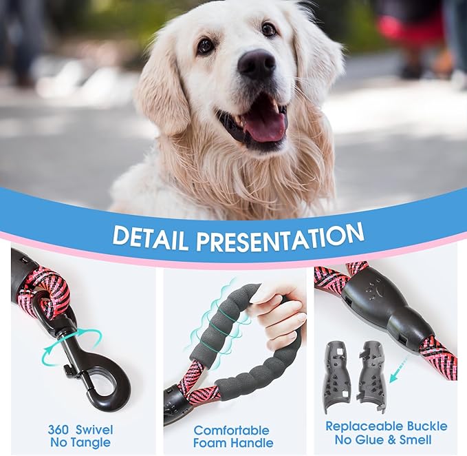 BAAPET 2/4/5/6 FT Dog Leash with Comfortable Padded Handle and Highly Reflective Threads for Small Medium and Large Dogs (5FT-1/2'', Black Pink)