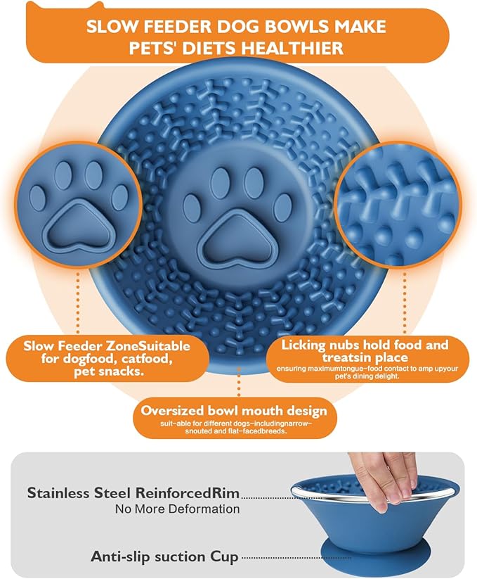 Dog Lick Bowl, Non-Slip Slow Feeder Licking Mat & Treat Dispenser (Wide Bowl Mouth w/Inlaid Stainless Steel Ring) - Interactive Toys, Anxiety Reducer, Freeze Bone for Dogs, BPA Free Silicone(Blue)