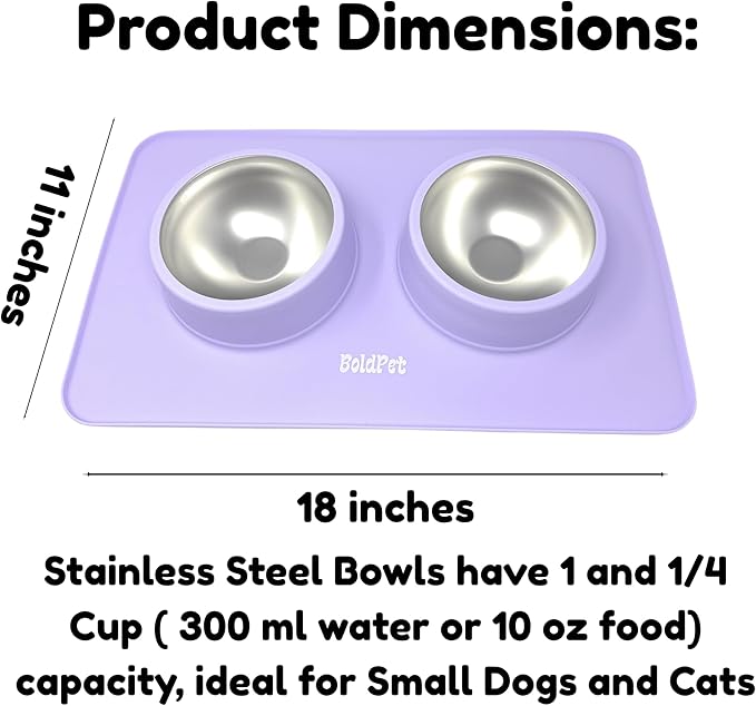 BoldPet® Dog Food and Water Bowl Set - Food Grade,Non-Slip Design Silicone Mat - Includes 2 Removable Stainless Steel Dog Bowls for Small Dogs - Perfect Puppy Bowls Set - Pet Bowls for Dogs and Cats