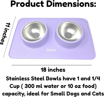 BoldPet® Dog Food and Water Bowl Set - Food Grade,Non-Slip Design Silicone Mat - Includes 2 Removable Stainless Steel Dog Bowls for Small Dogs - Perfect Puppy Bowls Set - Pet Bowls for Dogs and Cats