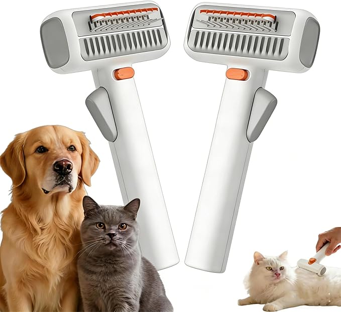 2026 New 2-in-1 Pet Self-Detangling & Grooming Comb, 2-in-1 Pet Comb Untangle & Remove Tangles One-Touch Switch, Pets Grooming Brush Detangle, Deshed, Massage for Dogs & Cats (2PCS)