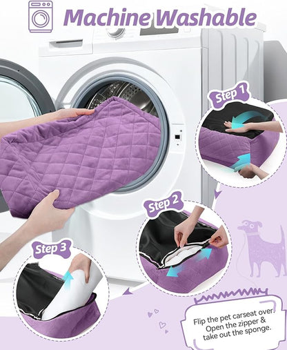 WOOAIDAGG Dog Car Seat for Small Dogs Up to 25lbs,Soft Washable Fabric Fill in Memory Foam,Easy to Assemble with 2 Clip-On Safety Leashes and Storage Pockets,Front or Back Seat are Both OK(Purple)