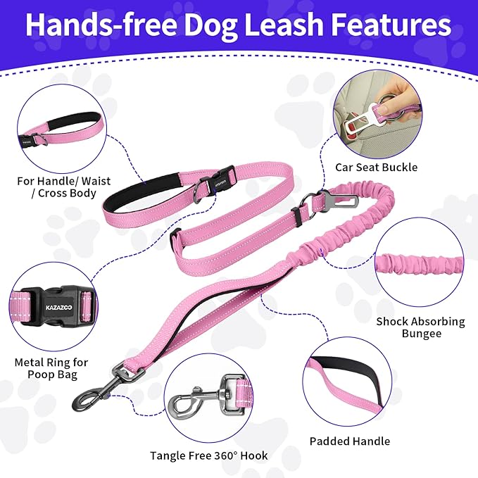 Kazazoo Hands-Free Dog Leash with 5.5-8.5FT Adjustable Length - Heavy Duty No Pull Bungee Design, Reflective Safety for Walking, Jogging & Training | Suitable for Medium to Large Dogs,M Size-Pink
