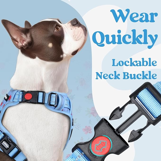 rabbitgoo Dog Harness Small Sized, No Pull Pet Harness with 3 Buckles, Adjustable Soft Padded Vest with Control Handle, Walking Reflective Pet Vest for Small Dogs, Floral Blue, S