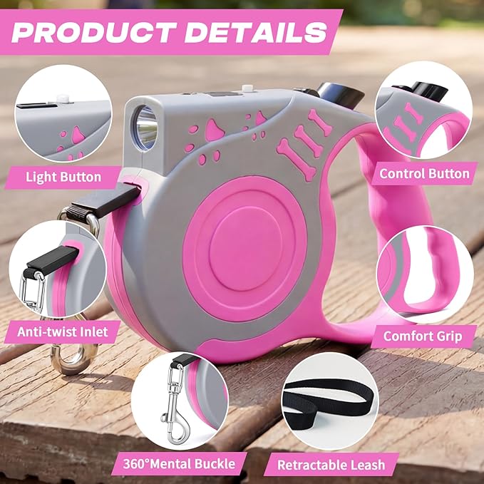 Retractable Dog Leash with USB Rechargeable Flashlight for Night Walks, 16FT Automatic Telescopic Tractor Dog Leash for Small and Medium Dogs, Pink