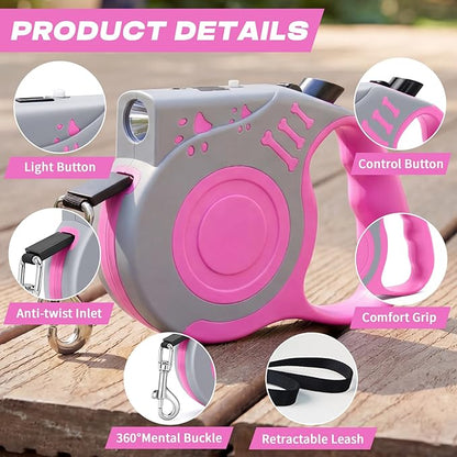 Retractable Dog Leash with USB Rechargeable Flashlight for Night Walks, 16FT Automatic Telescopic Tractor Dog Leash for Small and Medium Dogs, Pink
