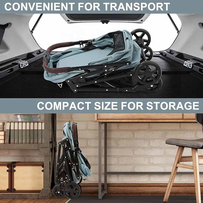 NO-Zip Pet Stroller for Small Dogs & Cats, Lightweight Dog Stroller with Reflective Safety Strips, One-Hand Fold, Claw-Proof Mesh, Breathable Travel Carriage, 33lbs Capacity, Light Blue