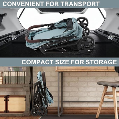NO-Zip Pet Stroller for Small Dogs & Cats, Lightweight Dog Stroller with Reflective Safety Strips, One-Hand Fold, Claw-Proof Mesh, Breathable Travel Carriage, 33lbs Capacity, Light Blue