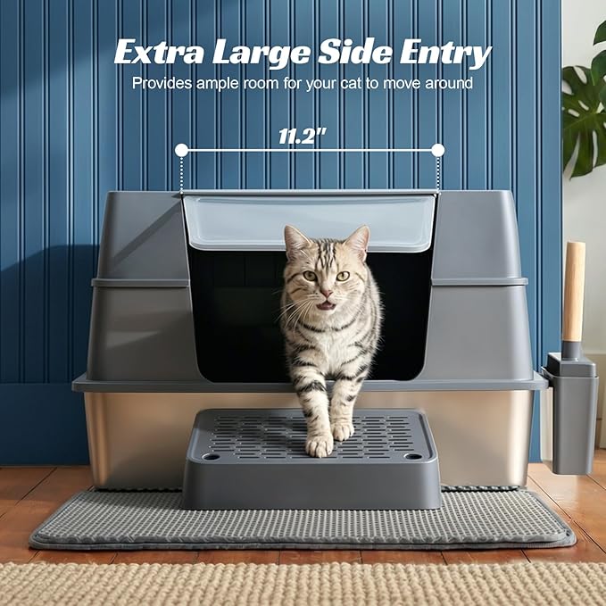 Stainless Steel Enclosed Litter Box with Lid, XL Extra Large Side Entry Metal Litter Box for Big Cats, Removable Cat Litter Box with High-Sided Enclosure, Scoop, Filter Footboard & Mat, Grey