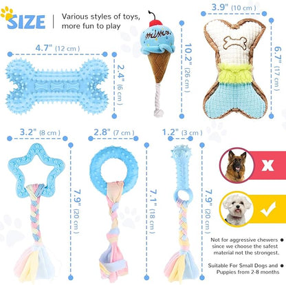 BAEJMJK 6 Pack Puppy Teething Toys Blue Small Breed Dog Chew Toys with Rope Cute Plush Squeaky Dog Toys Soft Rubber Puppy Toys Set for Cleaning Teeth Interactive Pet Doggy Bone Toys