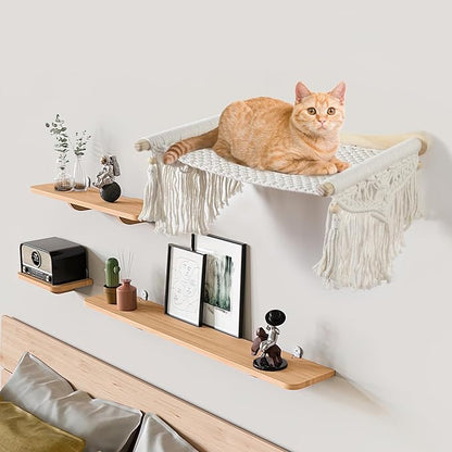 Macrame Cat Wall Shelves & Hammock - Comfy Cat Beds with Window Perch for Indoor Fun, Sleeping & Climbing,Maximum Hold Up to 30lb (Beige White - Cotton Rope)