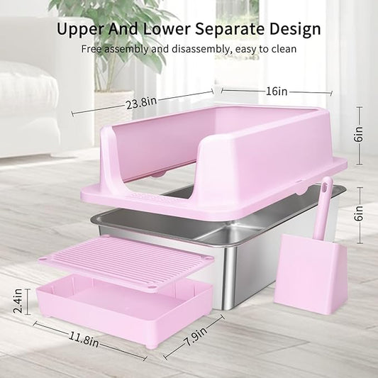 RIZZARI Open Cat Litter Box: Large Pink Stainless Steel Litter Pan with Teflon Non-Stick Coating - High Sided Splash-Proof Easy Clean Toilet for Cats up to 20 lbs - Ideal for Living Rooms - Apartments