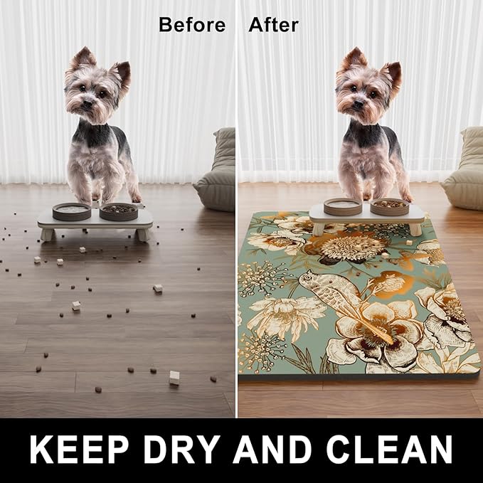 Dog Food Mat, 16" x 24" Flower Absorbent Dog Cat Bowl Mat for Food and Water, Cute Anti-Slip Rubber Pet Feeding Rug Protect Floors, Placemat for Feeding & Watering Supplies, Retro Floral