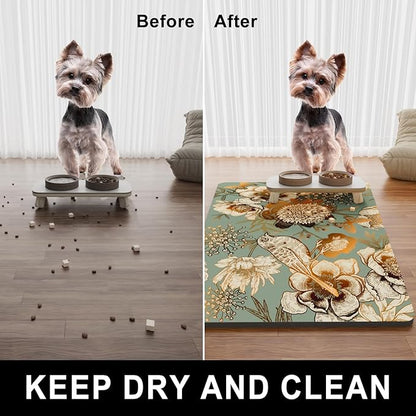 Dog Food Mat, 16" x 24" Flower Absorbent Dog Cat Bowl Mat for Food and Water, Cute Anti-Slip Rubber Pet Feeding Rug Protect Floors, Placemat for Feeding & Watering Supplies, Retro Floral