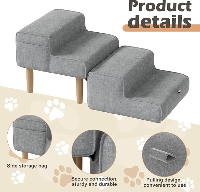 PakaLife Dog Ramp Ottoman,2-in-1 Dog Steps for Bed&Couch,Foldable Solid Wood Pet Ramps&Dog Stairs for Small, Senior Dogs & Old Cats to get on Bed,Washable Cover,135lb Capacity