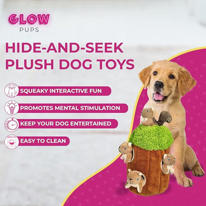 Glow Pups Squirrel in Tree Hide and Seek Plush Squirrel Inside Trunk Interactive Burrow Dog Toy for Small and Medium Size Dogs, Tree with Squirrels