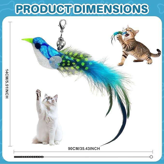 Cat Toy – Interactive Wand with Blue Bird Design Featuring Bell, Feather & Sparkle Teaser for Indoor Play with Owner or Solo Fun, Hands-Free Self-Play for Happy, Active Cats & Kittens