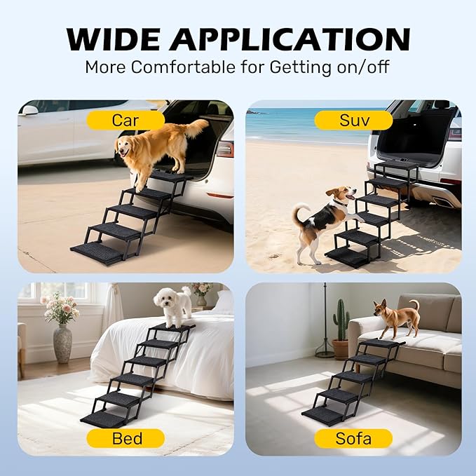 Dog Steps for Car, Truck and SUV - Foldable Pet Stairs for Large Dogs with Non-Slip Rug Surface, Lightweight Dog Ramp Holds Up to 250lbs, 5 Steps (Black Metal Fram, 5 Steps)