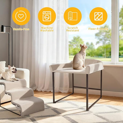 Dog Window Perch with Removable Stairs, Cat Window Seat with Cushioned Platform, Non-Slip Bedside Foam Pet Bed for Cats and Dogs, Beige