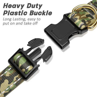 MOODEL Reflective Dog Collar for Medium Dogs, Cute Camouflage Adjustable Heavy-Duty Nylon Puppy Collar for Boy and Girl Female, Soft Pet Accessories with Quick Release Buckle, Green