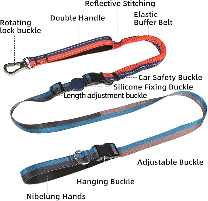 EVERKING 6-in-1 Hands-Free Dog Leash, Adjustable Elastic Reflective Nylon, Dual-Handle Shock Absorbing, 6 Feet, for Small to Large Dogs 30-150lbs (Sunset Blaze)