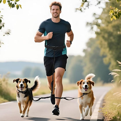Tails & Tales Hands Free Dog Leash with Waist Pouch, Lumbar Support Upgraded, Bungee Reflective Leash, Adjustable Belt 25-55", Walking Running Hiking Training for Dogs Up to 125lbs (Black, Two Dogs)