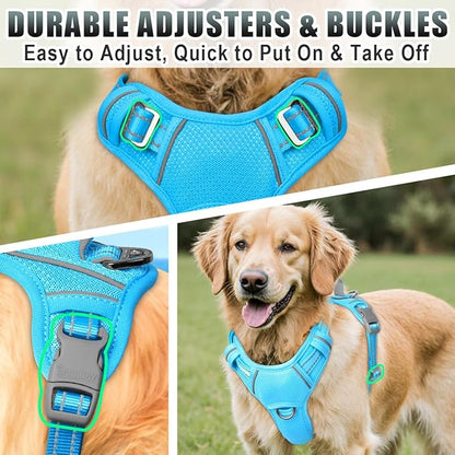 BARKBAY No Pull Dog Harness Large Reflective Dog Harness with Front Clip and Easy Control Handle for Walking Training Running with ID tag Pocket(Blue,L)