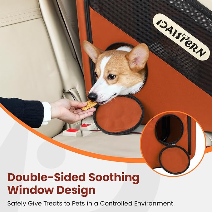 Collapsible Dog Crate for Travel, Portable Pet Crate for Small & Large Dogs, Soft-Sided Car Kennel with Heavy-Duty Metal Frame, Mesh Windows, Feeding/Comfort Access for Backseat Trunk Brown